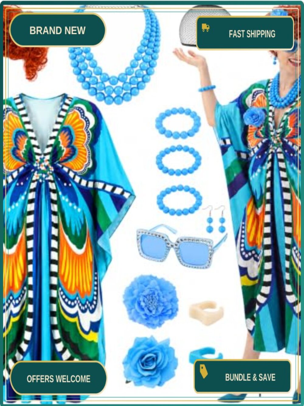Landlady Costume Caftan Dress Curly Wig Jewelry Sunglasses 70s Retro